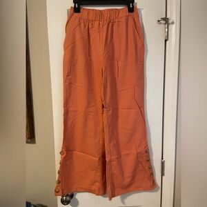 Orange Wide-Leg Linen Pants with Button Detail